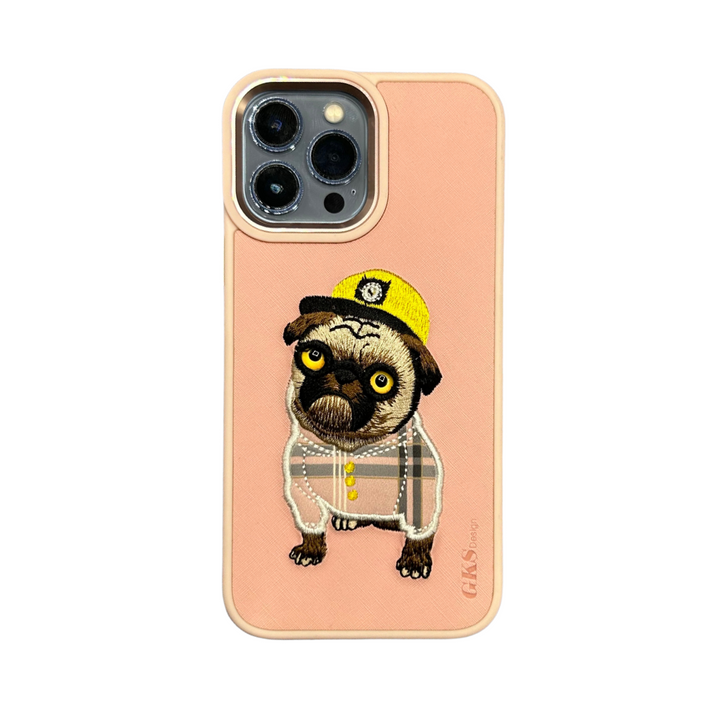 3D Embroidery Pink Leather Hip-Hop Pug Case For iPhone