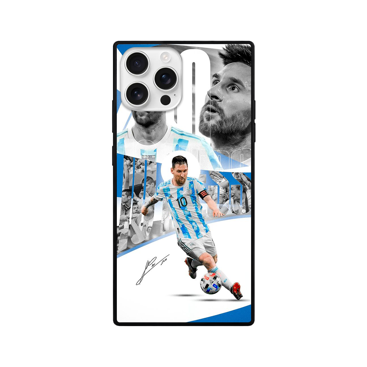 Argentina Football Legend Messi Square Glass iPhone Case – Blue & White
