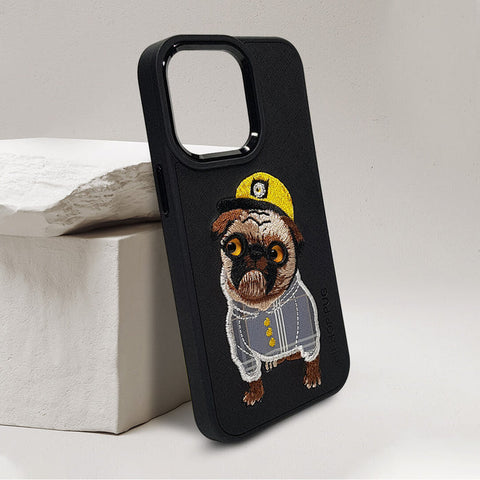 3D Embroidery Black Leather Hip-Hop Pug Case For iPhone