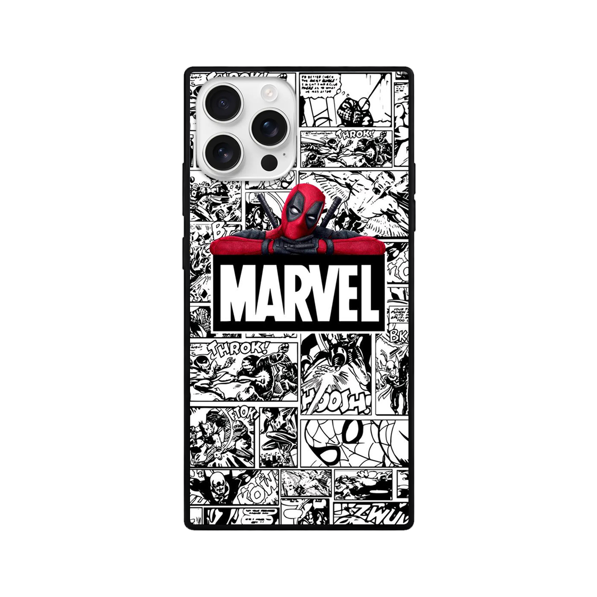 Red Superhero Comic Square Glass iPhone Case – Black & White
