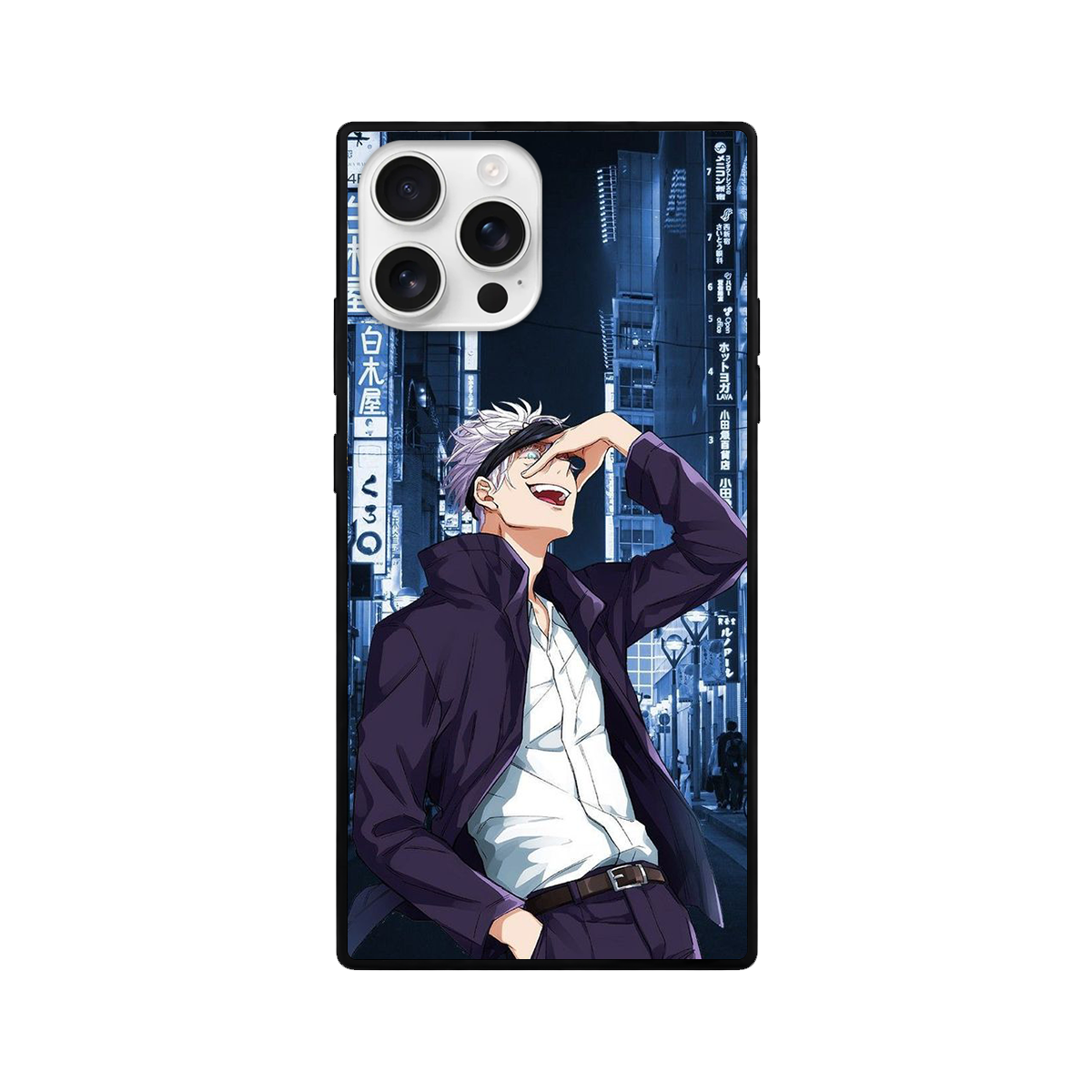 White-Haired Anime Character Square Glass Phone Case – Purple & Blue
