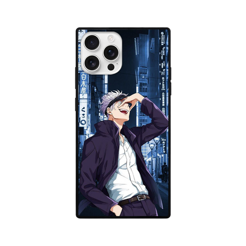 White-Haired Anime Character Square Glass Phone Case – Purple & Blue