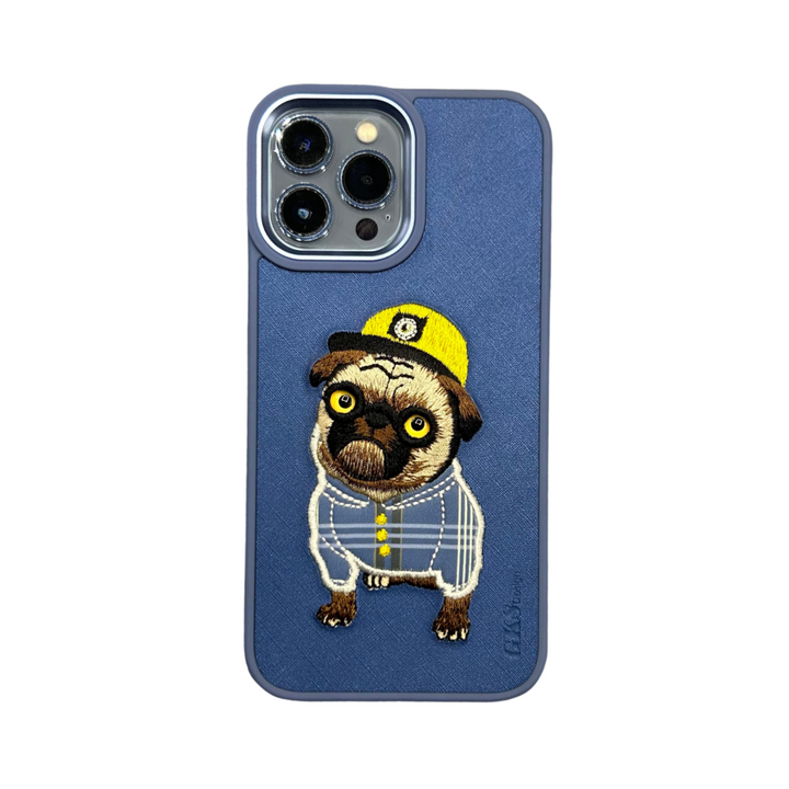3D Embroidery Sky Blue Leather Hip-Hop Pug Case For iPhone