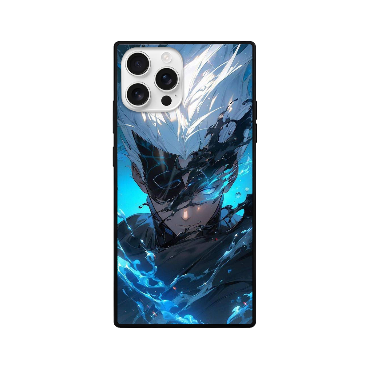 Blue Energy Anime Square Glass Phone Case – White-Haired Character