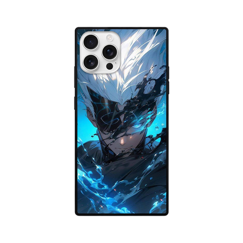 Blue Energy Anime Square Glass Phone Case – White-Haired Character
