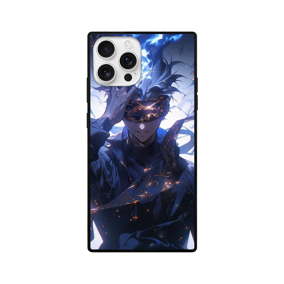Dark Anime Warrior Square Glass iPhone Case – Blue & Orange