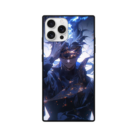 Dark Anime Warrior Square Glass iPhone Case – Blue & Orange