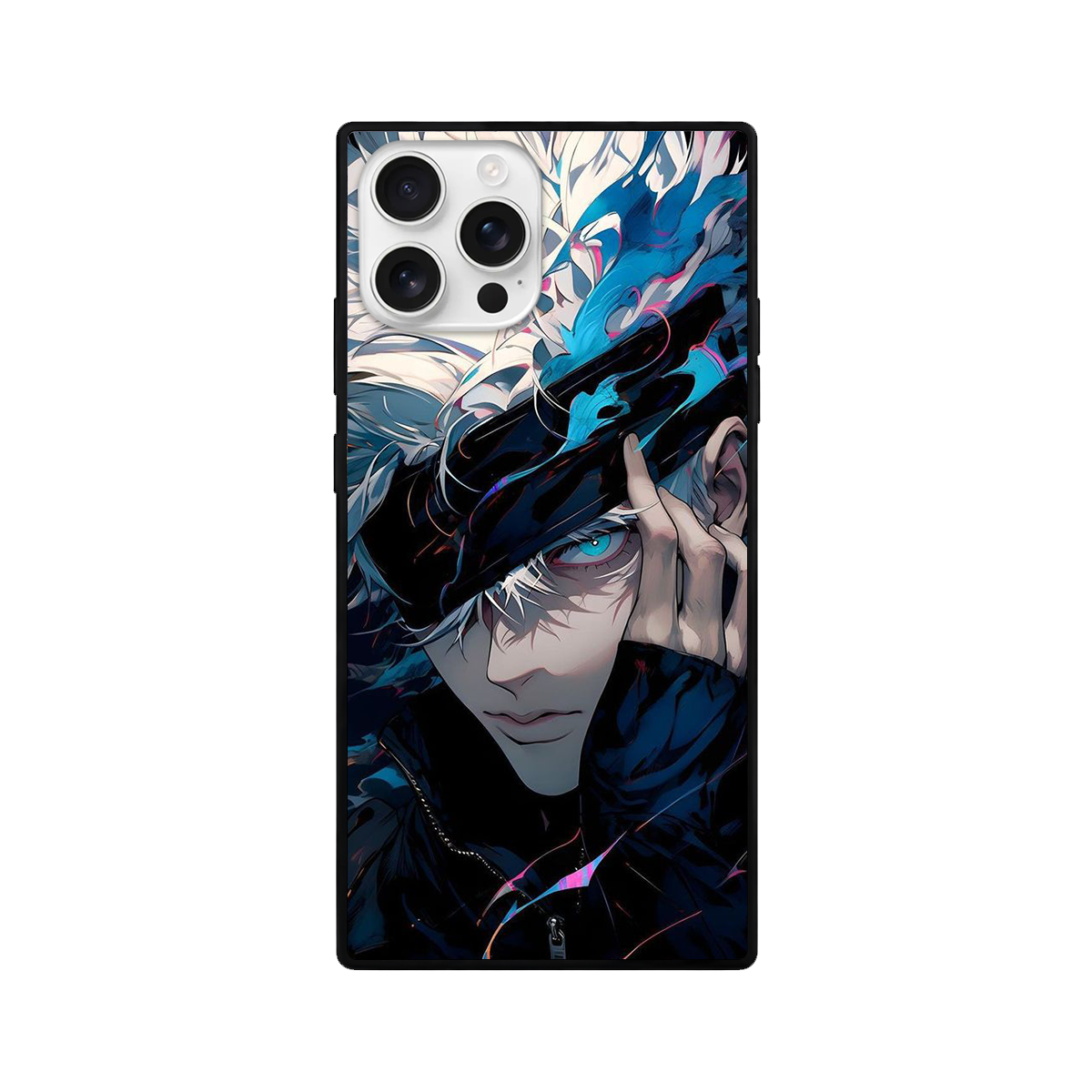 Dark Blue Anime Boy Square Glass iPhone Case – Cyan Eyes Design
