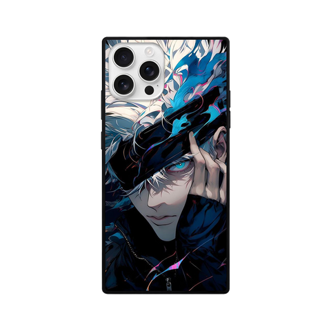 Dark Blue Anime Boy Square Glass iPhone Case – Cyan Eyes Design