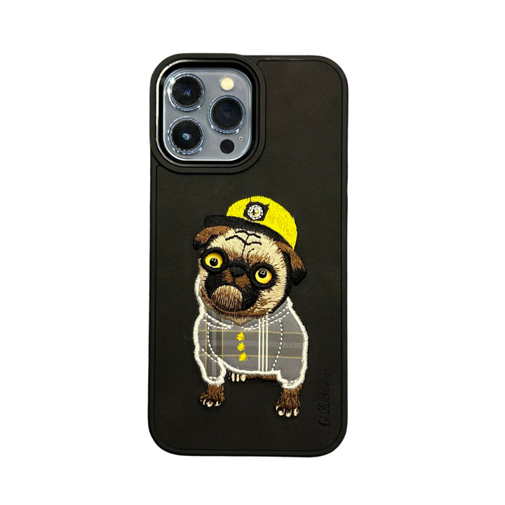 3D Embroidery Black Leather Hip-Hop Pug Case For iPhone