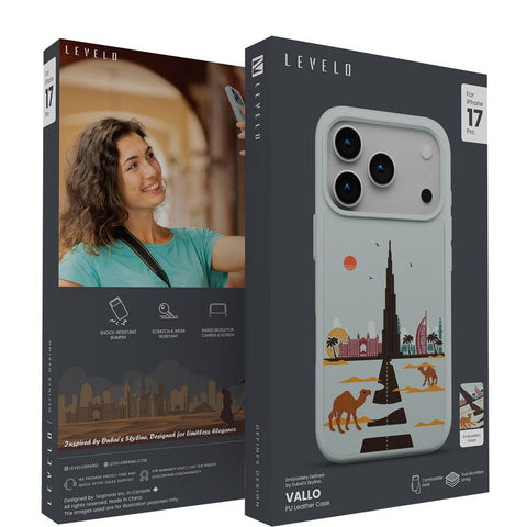 Levelo Vallo PU Leather Case for iPhone 17 series with Embroidery Dubai Finish, Comfortable Hold, Durable PU Leather, Raised Bezels for Camera and Screen, True Microfiber Interior Lining, Scratch & Wear Resistant, Shock-Resistant Bumper - Brushed Silver