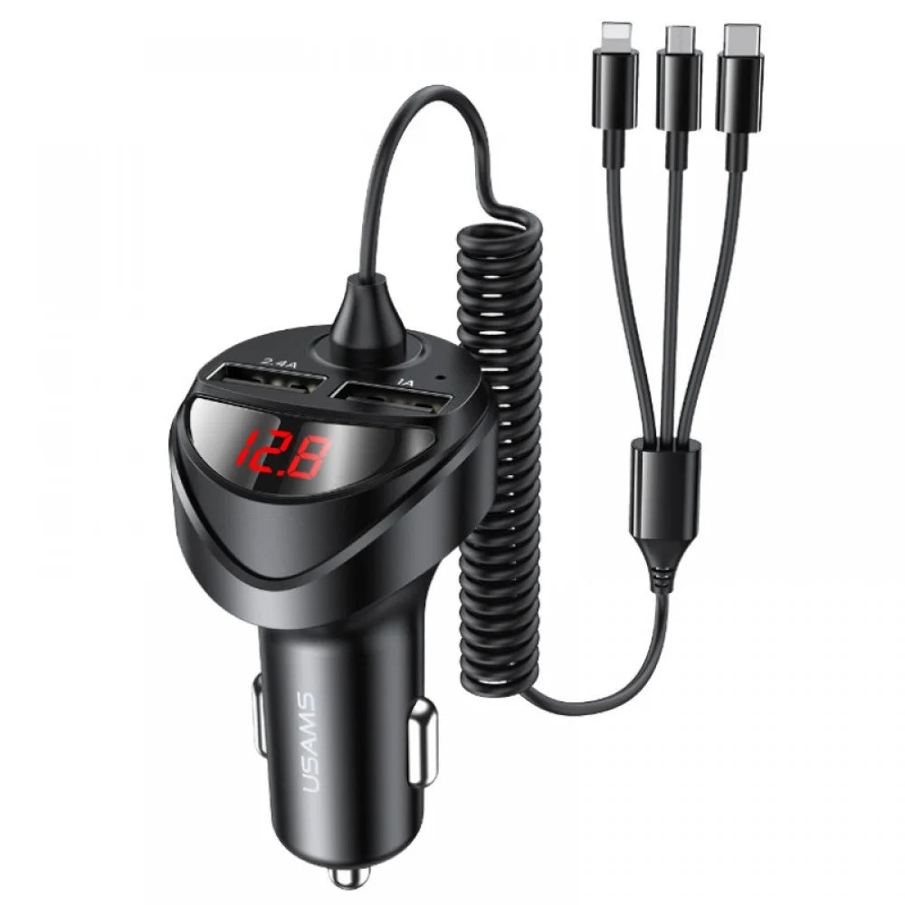 USAMS US-CC119 C22 3.4A Dual USB Car Charger With 3in1 Spring Cable