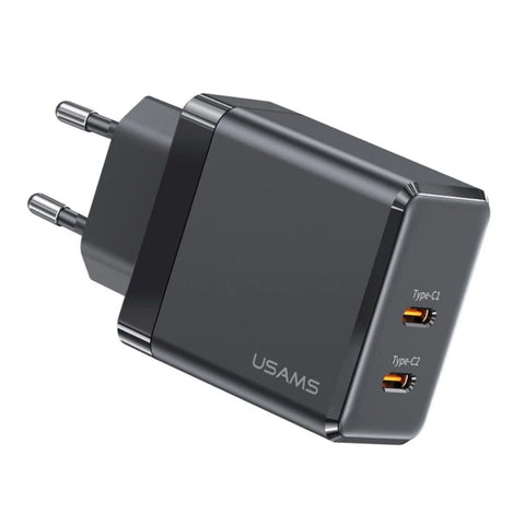USAMS US-CC172 T54 40W Dual Type-C Ports GaN Charger, EU Plug (Black)