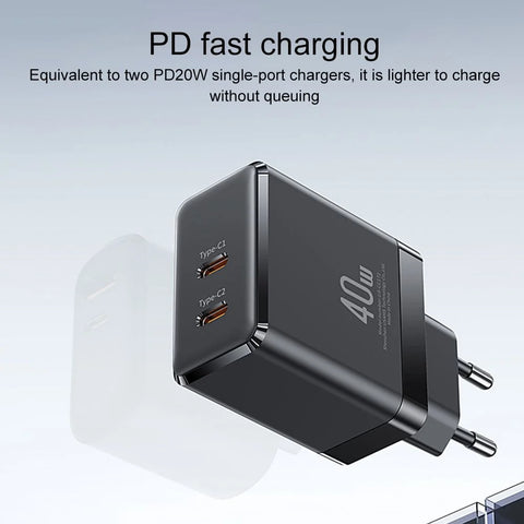 USAMS US-CC172 T54 40W Dual Type-C Ports GaN Charger, EU Plug (Black)