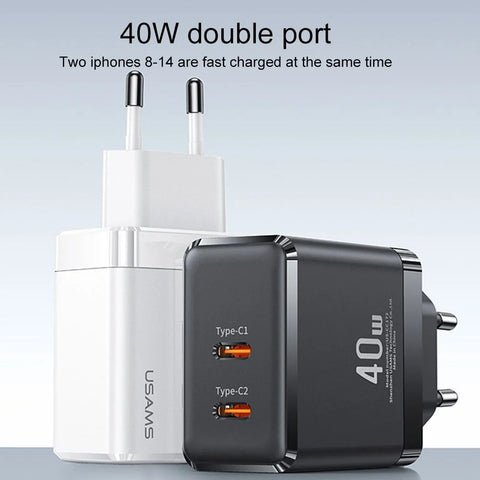 USAMS US-CC172 T54 40W Dual Type-C Ports GaN Charger, EU Plug (Black)