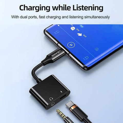 USAMS US-SJ598 AU15 Aluminum Alloy USB-C  Type-C to Type-C + 3.5DC Audio Adapter(Black)