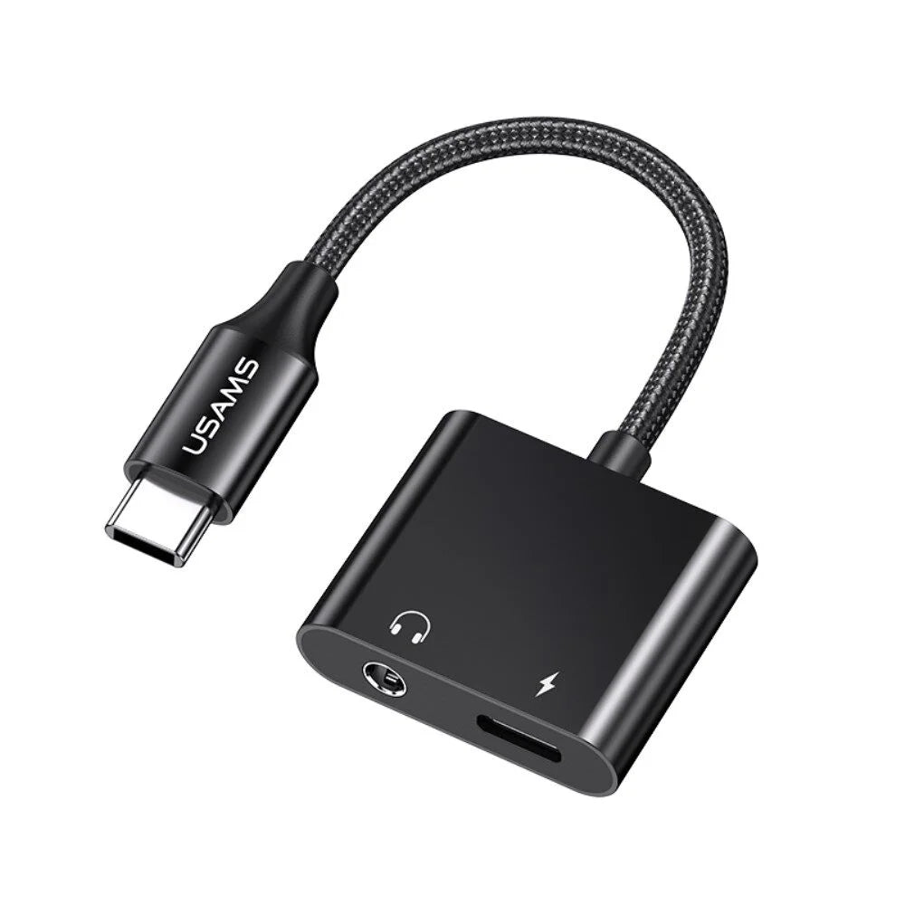 USAMS US-SJ598 AU15 Aluminum Alloy USB-C  Type-C to Type-C + 3.5DC Audio Adapter(Black)