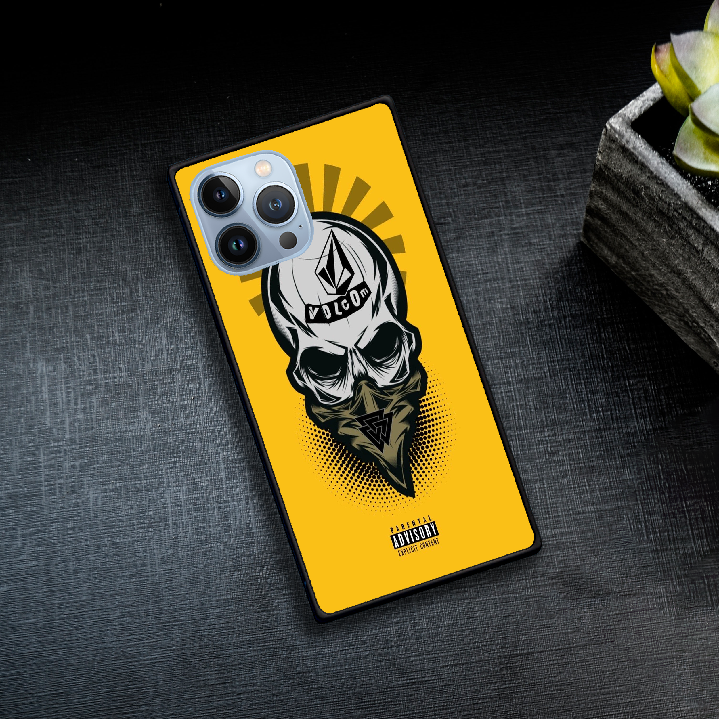 Square Glass Yellow Skeleton Case For iPhone