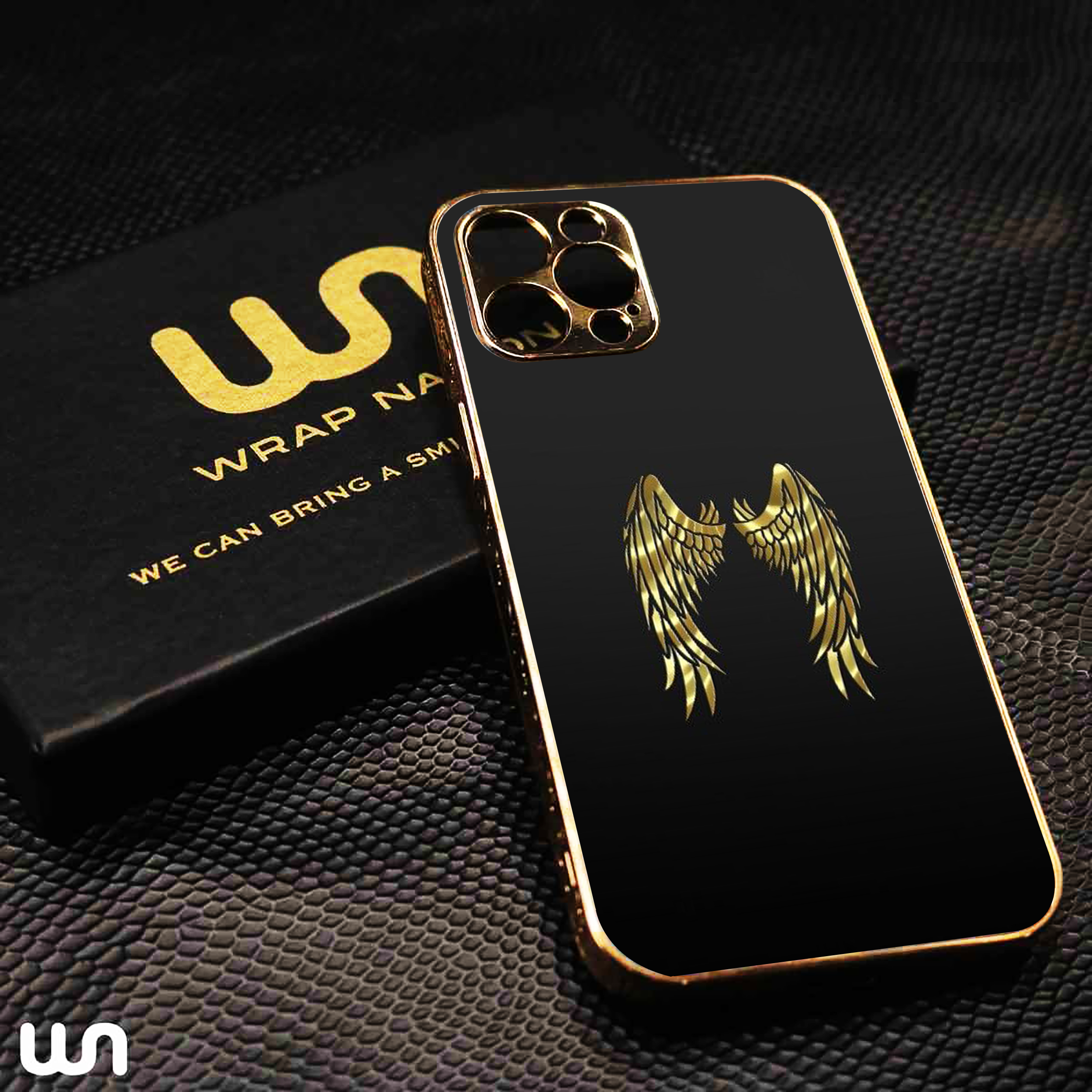 Wings Gold Engraved Border Glass Case for iPhone 11 Pro Max to iPhone 13 Pro Max